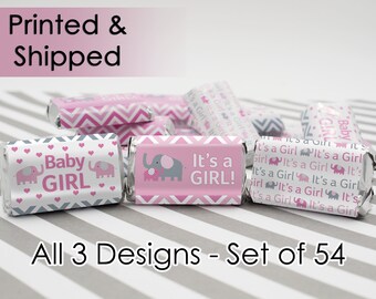 It's A Girl Elephant Pink and Gray Girl Baby Shower Candy Wrapper Stickers for Hershey's Miniatures Candy Bars Decorations (Set of 54)