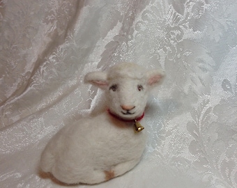 Needle Felted Wool Lamb with Bell by Elsa Jo Ellison, 4.5"