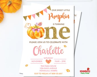 Little Pumpkin First Birthday Invitation Girl. Pumpkin Birthday Invitation. Fall Birthday Invitation. Pink, Orange & Gold. A40