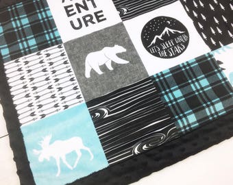 Adventure Baby minky blanket, Happy camper blanket, Moose bear blanket, blue gray black woodland blanket, boy blanket, baby shower gift