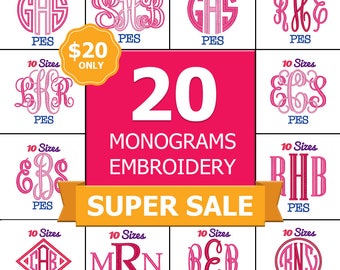 SUPER SALE!! 20 Monogram Embroidery FontS Machine Embroidery Fonts PES Format Pack Set 10 Sizes Vine Monogram Font Interlocking Monogram