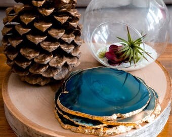 Set of 4 Teal Agate Coasters with Gold Edging