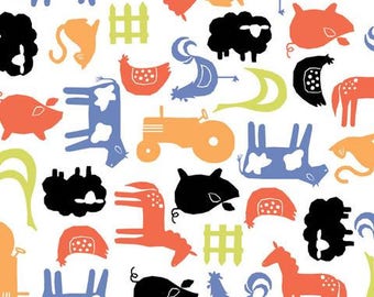 Organic cotton fabric. Monaluna Free Range Flat Farm Tractors horse sheep lamb cows cats red blue black farmers chickens roosters orange