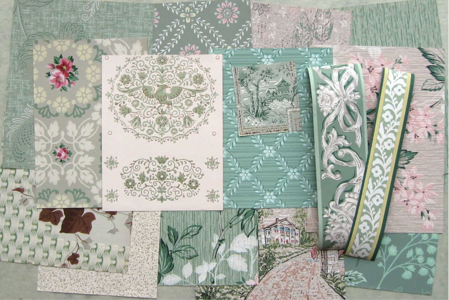 Green Vintage Wallpaper Scrap Pack 16 Pieces for Collage