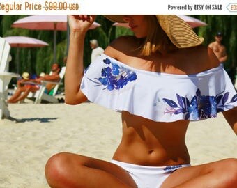 30% OFF SALE bikini off shoulder bikini off the shoulder bikini two piece bikini white floral bikini swimsuits beachwear outdoor swimsuit