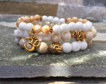 Buddha OM elephant bracelet set gold mother of Pearl jade mala bracelet