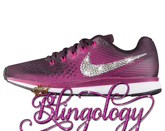 Womens Nike Air Zoom Pegasus 34 Black White Gold Star Custom Womens Nike Air Zoom Pegasus 34 Port Wine, Black, Berry, Pink Custom Bling