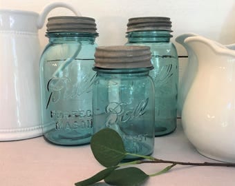 Three Aqua Blue Ball Jars