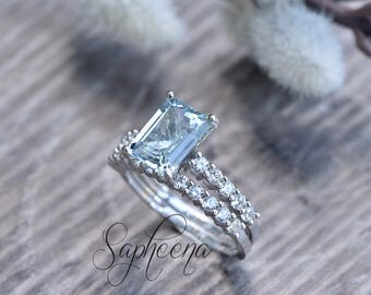 Aquamarine Emerald Cut Engagement Ring Bridal Set of 2 in 14k White Gold, Wedding Ring, Gemstone Bridal Set, Gold Bridal Set by Sapheena