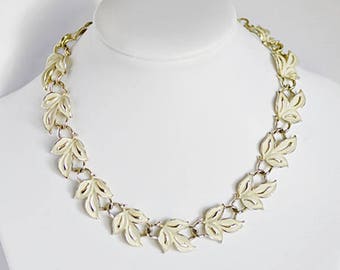 Signed Coro Vintage Cream Enamel Leaves Choker Necklace