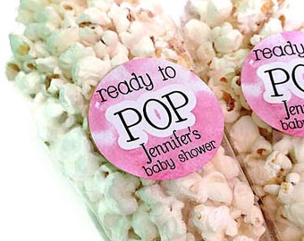 Ready to pop stickers, she's about to pop, baby shower stickers, baby shower favour, popcorn favour stickers, 132 - Pink