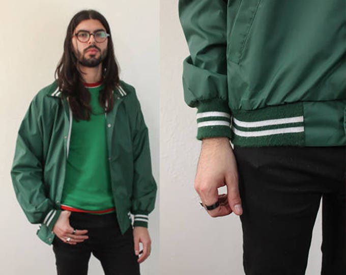 Vintage Varsity Jacket // 70s Nylon Windbreaker Coat Sportswear Green Letterman Jacket Mens Womens - Extra Large xl