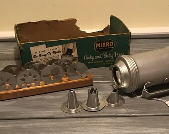 Vintage Mirro Cookie Press with wooden stand and original box