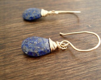 Lapis Lazuli Earrings in Gold, Bleu Gemstone Dangle Earrings, Boucles D'Oreille Lapis Lazuli, Pierres Semi-Précieuses
