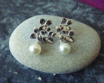 beaded silver Orchid earrings