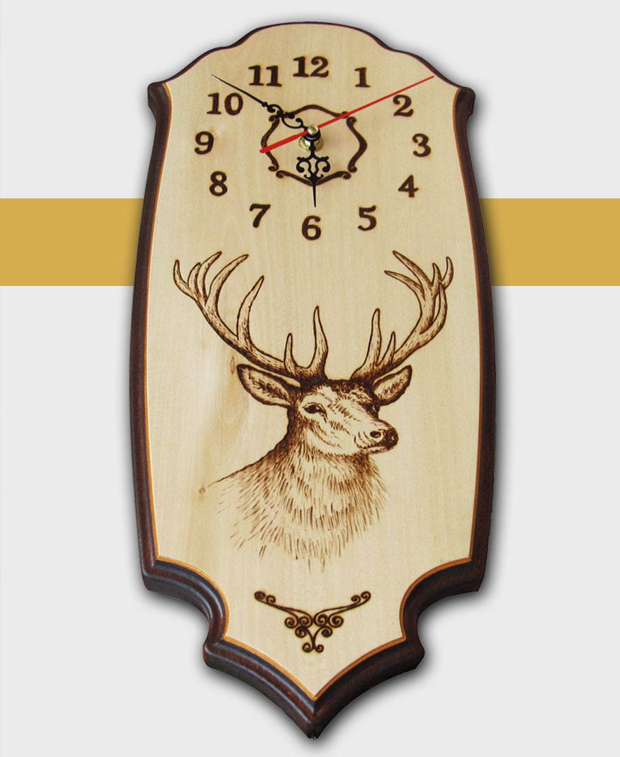 Wood clock. Pyrography wall clock. Wood burning clock. Wall
