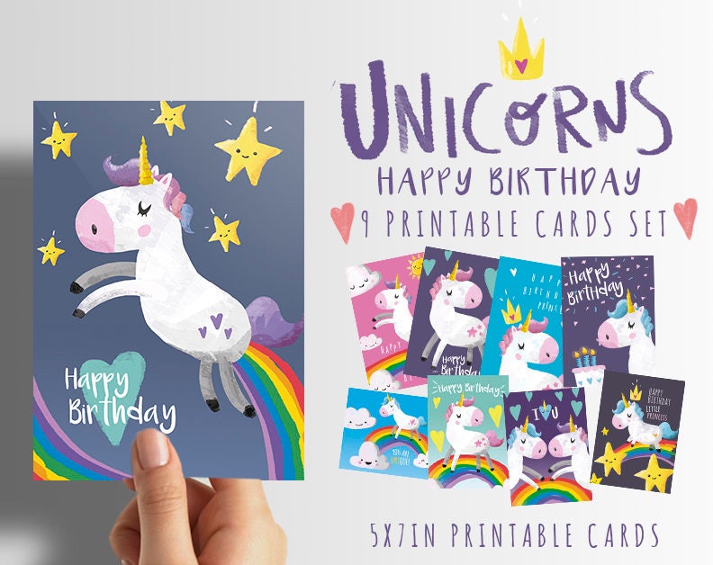 happy birthday unicorn 9 printable cards set 50 off instant