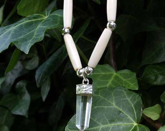 Handmade quartz crystal choker native American style bone hair pipe choker, white bone hair pipe necklace tribal indian boho style necklace