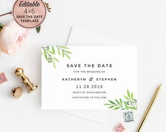 Greenery Wedding Save The Date Template Download, Editable PDF Save The Date Template,Printable Watercolor Save Date Card Instant Download.