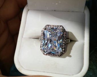 Sale 14.22ct White Sapphire Engagement Ring, Platinum over Silver, Free Shipping.