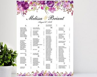 Purple Wedding Seating Chart, Wedding Seating Chart Alphabetical, Printable Wedding Seating Chart, Wedding Decorations, Floral Wedding Sign