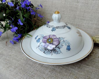 Vintage Butter dish Soviet porcelain kitchen serving blue floral pattern dish butter plate unique butter kitchen decor gift her shabby chic