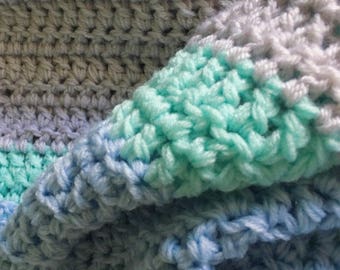 100% Handcrafted Crochet Throw Rug Silver/Mint/Blue