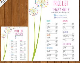 LLR Price List Poster 18x24 / 8.5x11, Price Chart, Newest Style Summer 2017, Home Office Approved, Dandelion, Fashion Consultant Retailer 01