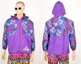 vintage 80s 90s RAIN JACKET by JEANTEX / retro windbreaker cagoule pull-over unisex womens Large / mens size S-M / nylon neon / life style
