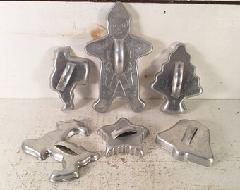 Collection of Six Christmas Themed Aluminum Cookie Cutters/Farmhouse Kitchen Set of 6 Christmas Cookie Cutters/Shabby Chic Cookie Cutters