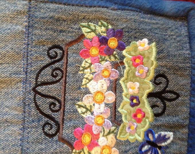 Butterflies And Flowers Denim Quilt with Flannel Backing 66in X 73 in, Embroidered Blue Jean Quilt With Butterflies & Flowers, Recycled Jean