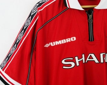 1998–99 Vtg UMBRO Manchester UNITED Home Treble Shirt Jersey Tricot T-Shirt Football Soccer — XLarge XL — Rare European Vintage Sportswear