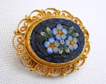 Blue floral mosaic brooch, gold tone mosaic brooch, blue mosaic pin