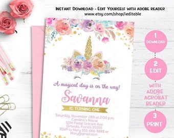 25% OFF SALE Unicorn Invitation, Magical Unicorn 1st Birthday, First Floral, Watercolor, Rainbow, Pastel, Editable invitations, Template Ins