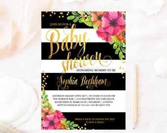 Floral Kate baby shower invitation, Spade baby shower invitation, Kate baby shower invitation, black and white stripe Spade baby shower kate