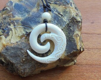 Maori Koru Spiral Bone Necklace, Hand Carved Bone Jewelry M27