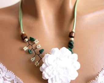 Green and white floral branch necklace
