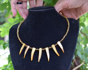 Statement necklace golden beaded elongated pieces nacre wire memory pretty jewelry Boho style wonderful gift himself loved girlfriend sister