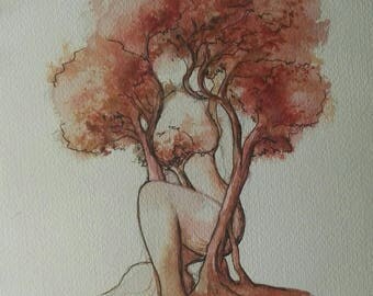 A watercolor of tree woman