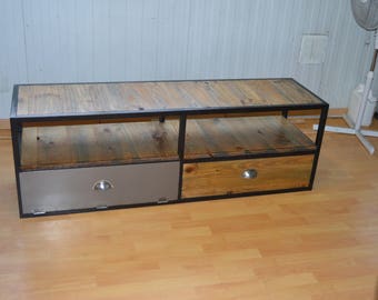 Tv stand industrial steel 2 flaps and solid wood top