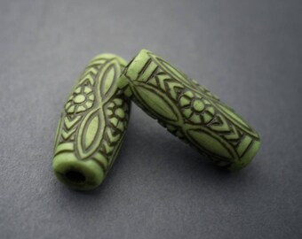 2 pcs - green etched Lucite beads, tube, flower • 25mm