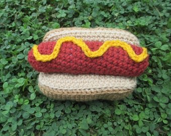 Crochet hotdog/sausage squeaky dog toy