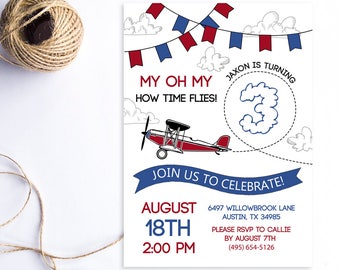 Airplane Birthday Invitation, Time Flies Birthday Invite, Plane Birthday Invite, Plane Party, Time Flies Invite, Digital Printable Invite