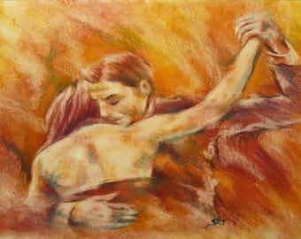 Abrazo tango - peinture pastel sec sur papier épais - couple amoureux qui danse homme femme mouvement amour étreinte romantique sépia rouge