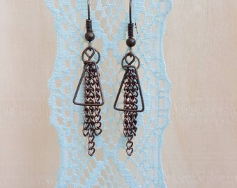 Triangle wire chain dangle earrings in bronze color Nickel free