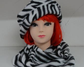Hat + Zebra fleece snood, black and white fully lined