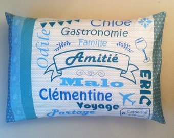 Pillow cover personalized with names, words to your liking and fabrics to choose