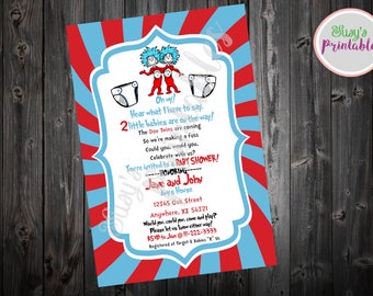 Dr Seuss Twin Baby Shower Invitation, Dr Seuss Cat in the Hat Twin Invitation, Baby Boy Baby Girl Shower Invitation, Printable Invitation