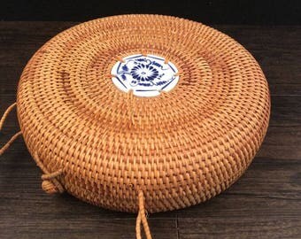 FREE SHIPPING Ladies bohemian handmade circle straw rattan hand bag
