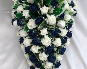 Artificial Wedding Flowers, Brides Teardrop Bouquet, Ivory and Navy Blue Roses, Crystal Sprays